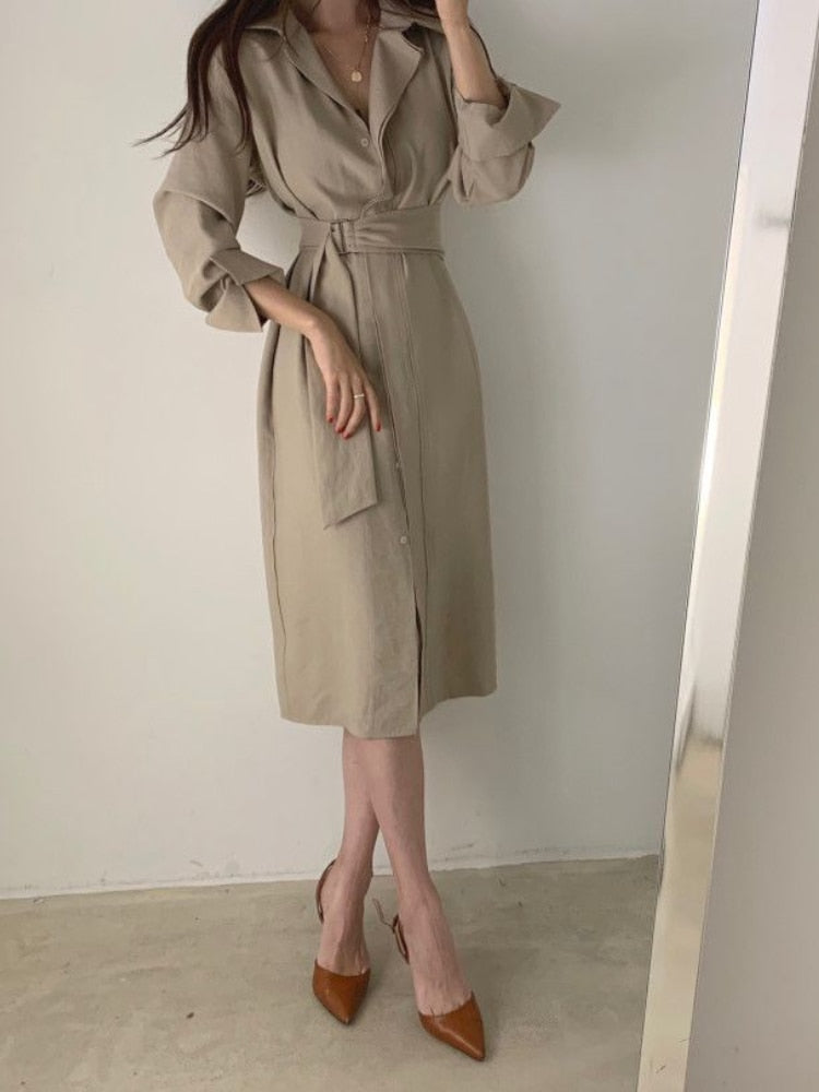 Chic Slim Fit Shirt Dress Office Ladies Long Sleeve A line Casual Midi - Executive-Skincare