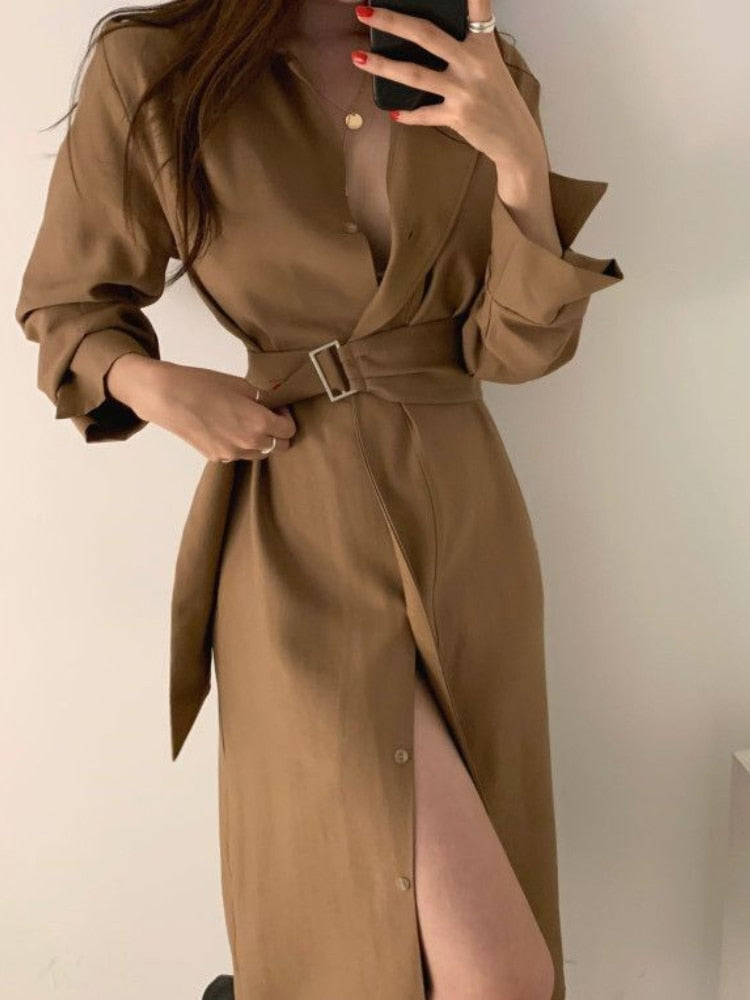 Chic Slim Fit Shirt Dress Office Ladies Long Sleeve A line Casual Midi - Executive-Skincare