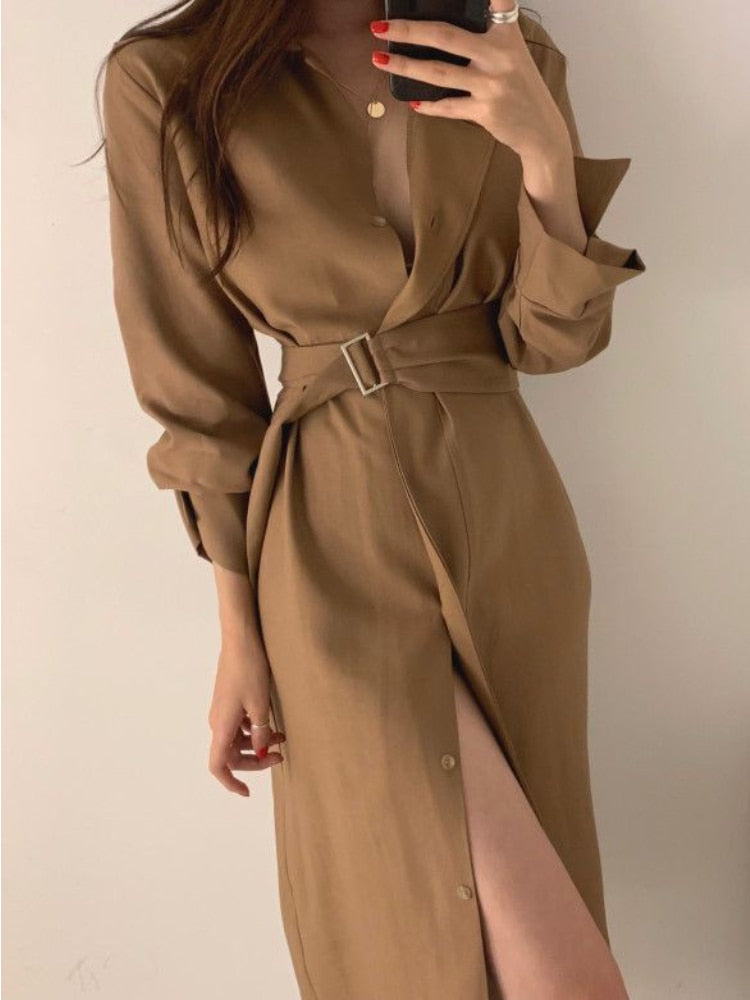 Chic Slim Fit Shirt Dress Office Ladies Long Sleeve A line Casual Midi - Executive-Skincare