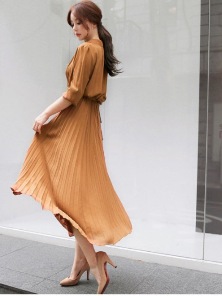 Elegant Chiffon Long Sleeve Shirt Dress Women Belt Lace Up A line - Executive-Skincare