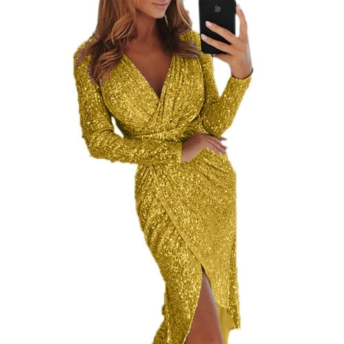 Elegant Sequined Glitter Party Dress Women Sexy V Neck Bodycon Slim - Executive-Skincare