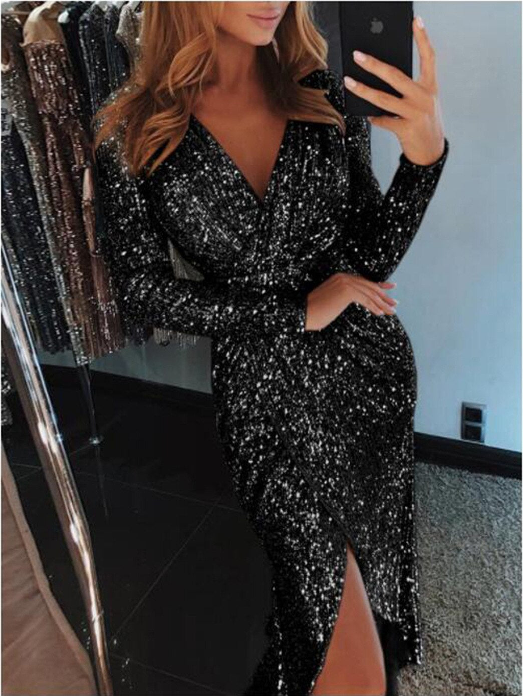 Elegant Sequined Glitter Party Dress Women Sexy V Neck Bodycon Slim - Executive-Skincare