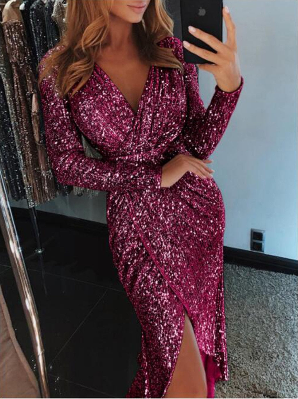 Elegant Sequined Glitter Party Dress Women Sexy V Neck Bodycon Slim - Executive-Skincare