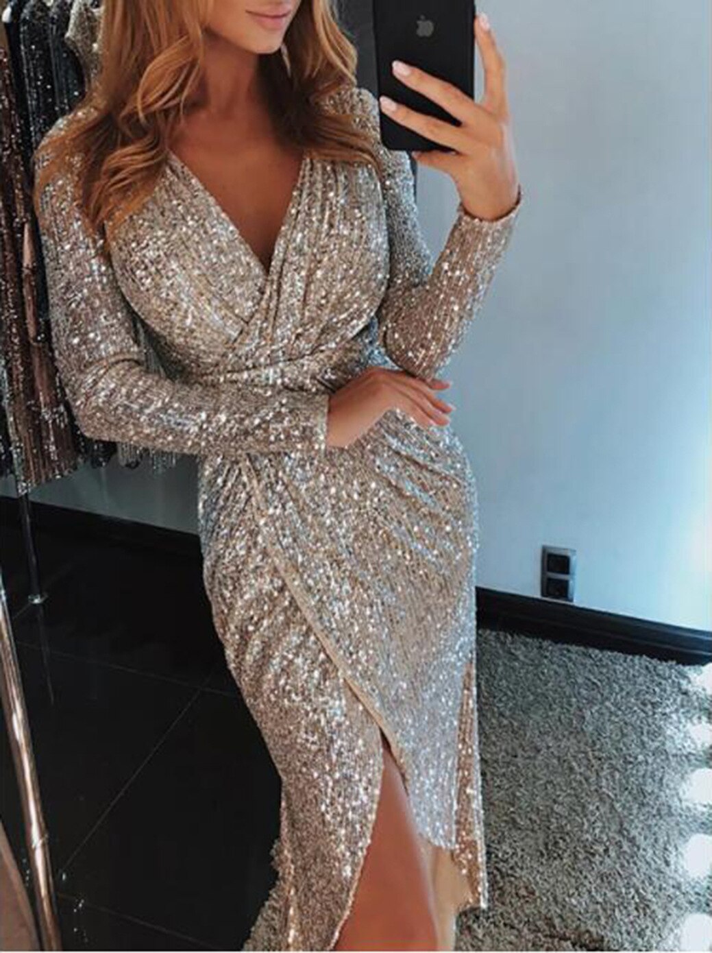 Elegant Sequined Glitter Party Dress Women Sexy V Neck Bodycon Slim - Executive-Skincare