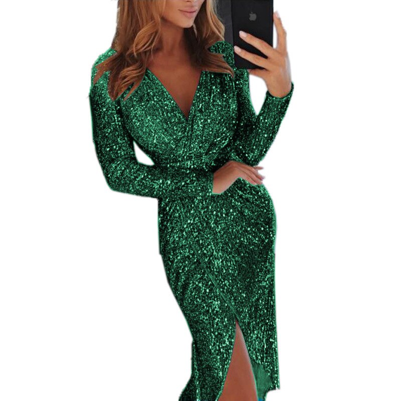 Elegant Sequined Glitter Party Dress Women Sexy V Neck Bodycon Slim - Executive-Skincare