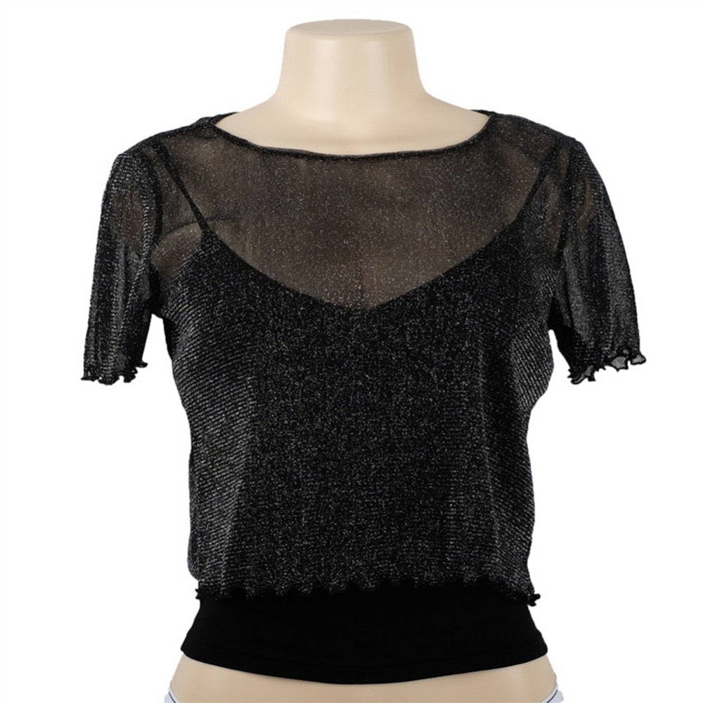 Fashion Sexy Women T Shirt See Through Transparent Mesh Tops Long - Executive-Skincare