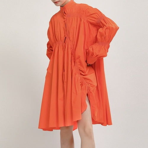 Fashion Simple Irregular Ruched Lantern Sleeves Swing Shirt Dress - Executive-Skincare