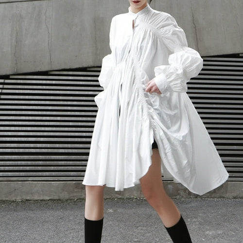 Fashion Simple Irregular Ruched Lantern Sleeves Swing Shirt Dress - Executive-Skincare