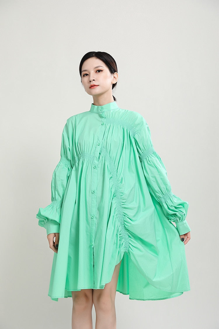 Fashion Simple Irregular Ruched Lantern Sleeves Swing Shirt Dress - Executive-Skincare