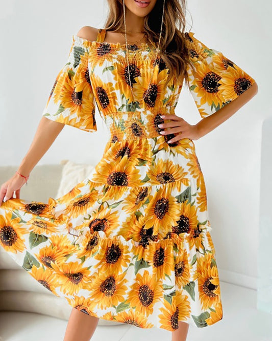 Fashion Sunflower Print Off Shoulder Maxi Dress Women Slash Neck - Executive-Skincare