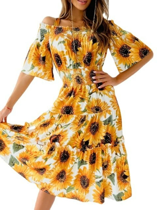 Fashion Sunflower Print Off Shoulder Maxi Dress Women Slash Neck - Executive-Skincare