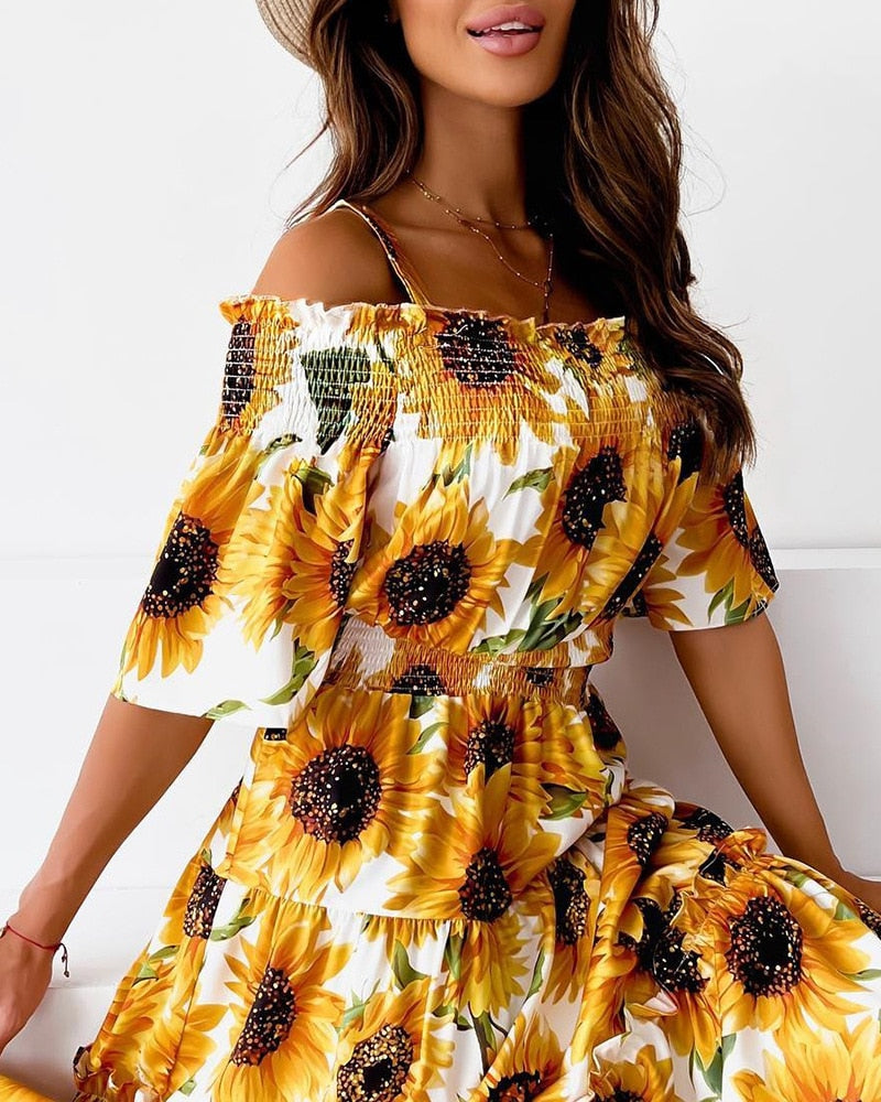 Fashion Sunflower Print Off Shoulder Maxi Dress Women Slash Neck - Executive-Skincare