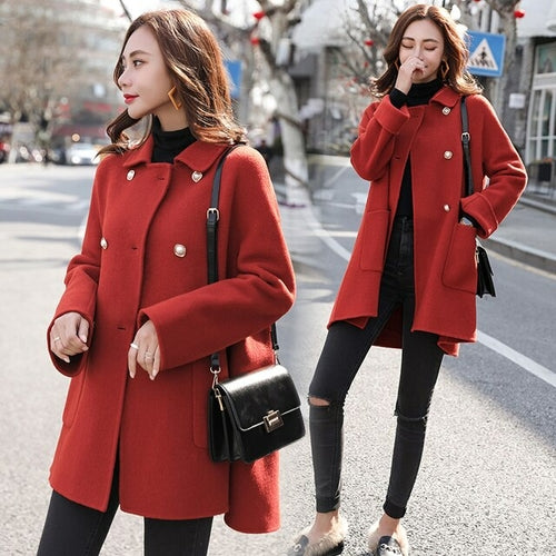 Fashion Women&#39;s Woolen Coat Maple Leaf Red Elegant Lady Jacket - Executive-Skincare