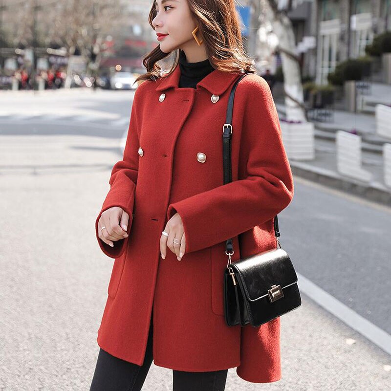 Fashion Women&#39;s Woolen Coat Maple Leaf Red Elegant Lady Jacket - Executive-Skincare