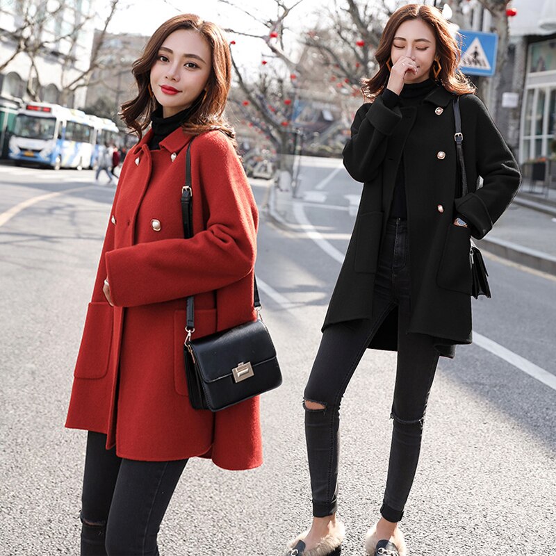 Fashion Women&#39;s Woolen Coat Maple Leaf Red Elegant Lady Jacket - Executive-Skincare