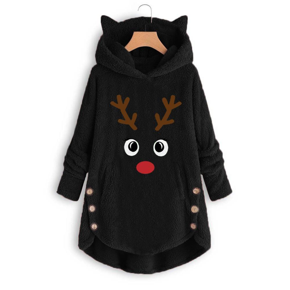 Fashion Women Printed Cat Ears Hooded Large Size Long Sleeve Button - Executive-Skincare