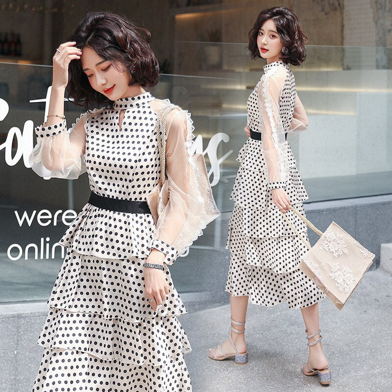 Fashion new chiffon dress transparent long sleeved polka dot dress - Executive-Skincare