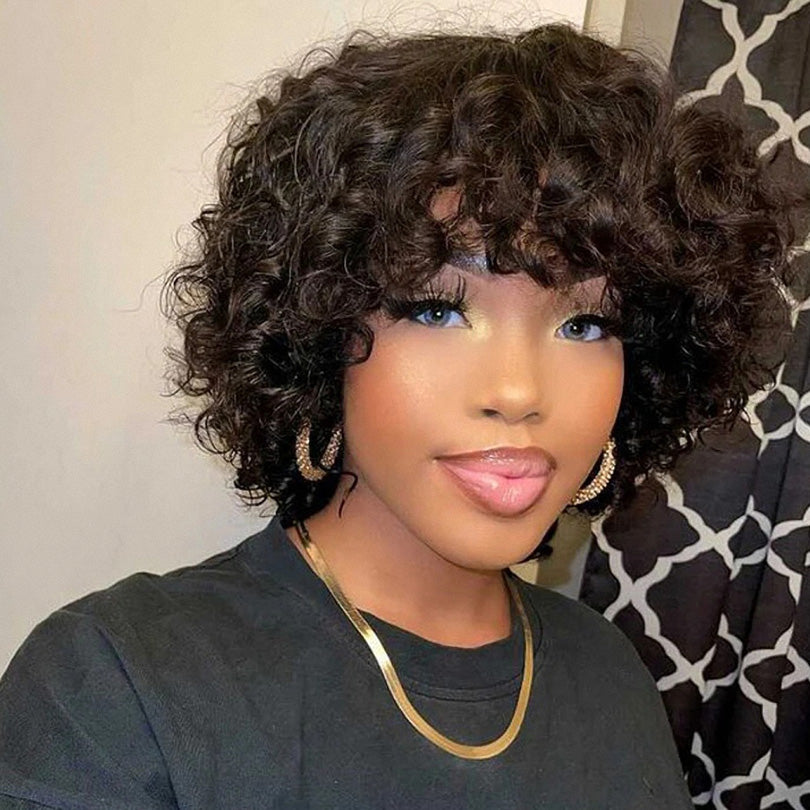 Rose Curly Fumi Human Hair Wig With Bangs Full Machine Made Deep Wave - Executive-Skincare