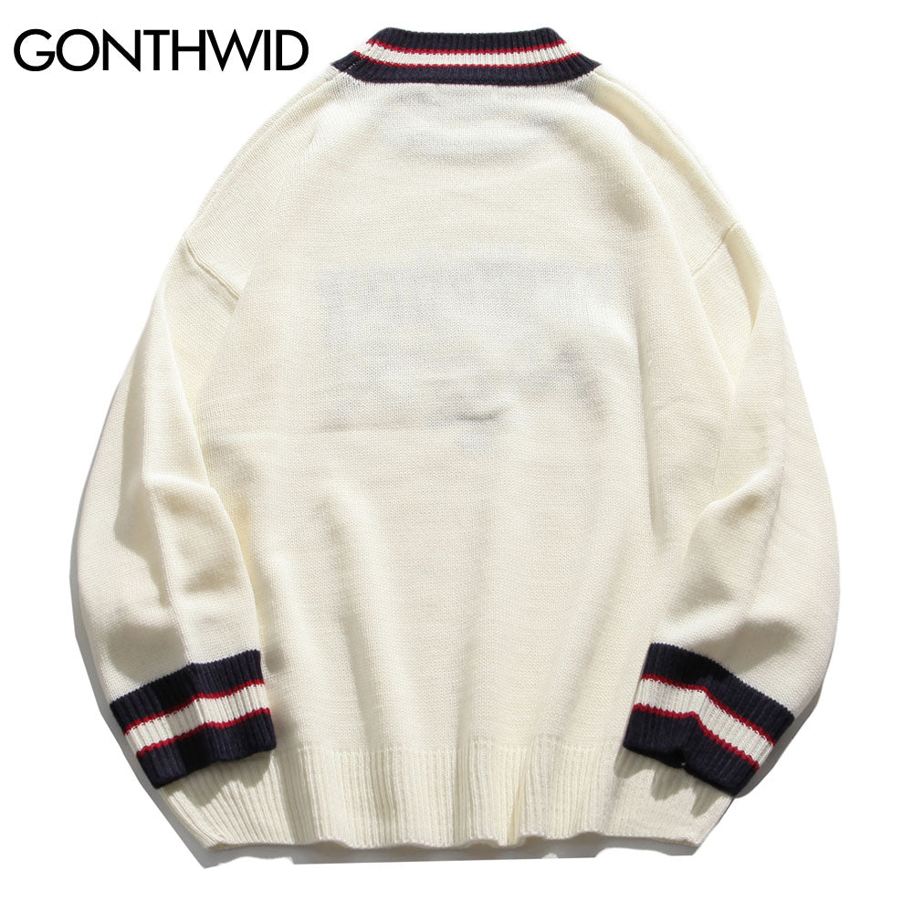 GONTHWID Bear Patchwork Striped Knitted Jumpers Sweaters Streetwear - Executive-Skincare