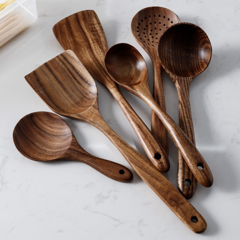 7pcs/set Teak Natural Wood Tableware Spoon Ladle Turner Rice Colander Soup Skimmer Cooking Spoon Scoop Kitchen Reusable Tool Kit - Executive-Skincare