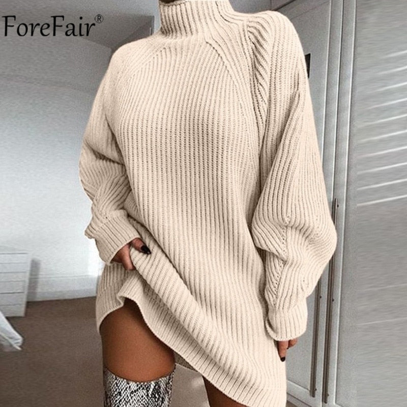 Forefair Turtleneck Long Sleeve Sweater Dress Women Autumn Winter Loose Tunic Knitted Casual Pink Gray Clothes Solid Dresses - Executive-Skincare