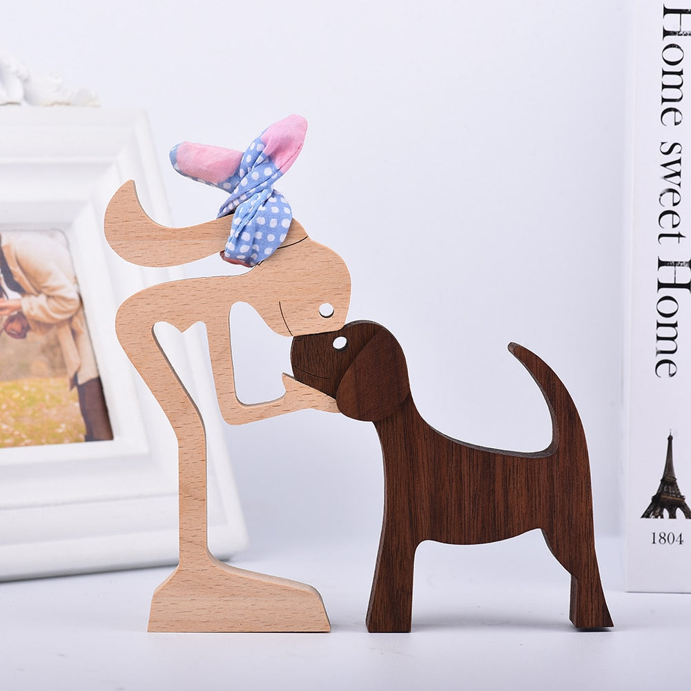 Family Puppy Wood Dog Craft Figurine Desktop Table Ornament Carving Model Home Office Decoration Pet Sculpture Christmas Gift - Executive-Skincare