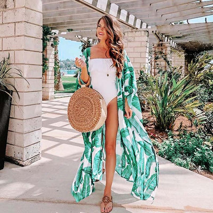 Leaves Print Bikini Beach Cover up Tunics for Beach Long Kaftan Bikini Cover up Robe de Plage Sarong Beach Swimsuit cover-ups - Executive-Skincare