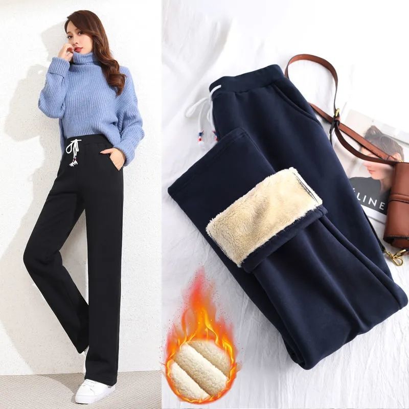 2021 Autumn Winter New Korean Fashion Plus Velvet Thickened Wide Leg Pants Women&#39;s High Waist Straight Warm Loose Trousers 3XL - Executive Quality Store