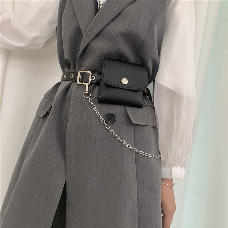 Women Fashion Waist Pack PU Fanny Pack Simple Women&#39;s Gift Belt Bag Phone Chain Bags For Lady Casual Pack Female Purse Black - Executive-Skincare