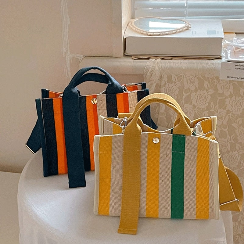 Rainbow Striped Shoulder Bag Canvas Small Tote Women Square Shape Shoulder Messenger Bags Casual Handbag Travel Mommy Handbags - Executive-Skincare