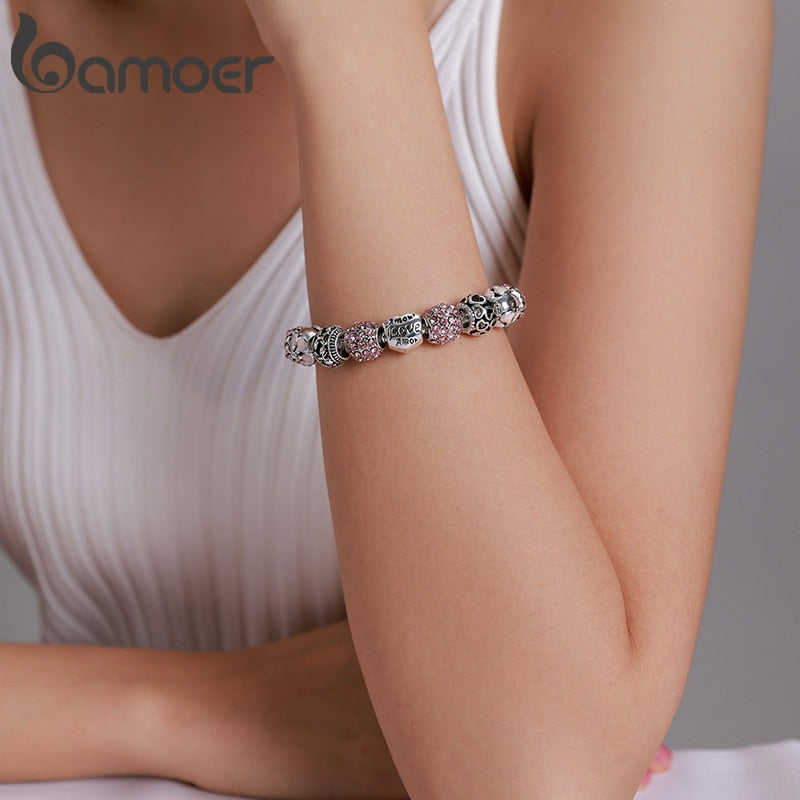 BAMOER Silver Plated Charm Bracelet &amp; Bangle with Love and Flower Beads Women Wedding Jewelry 4 Colors 18CM 20CM 21CM PA1455 - Executive-Skincare