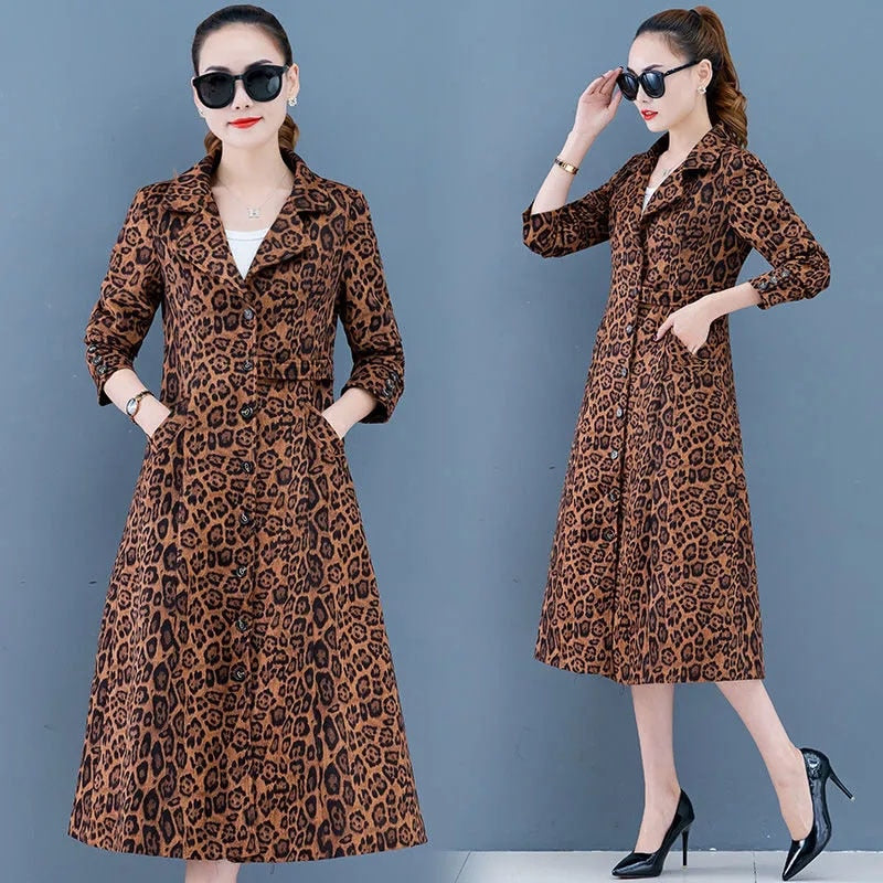 Mid-length Windbreaker Coat Women Spring Autumn Jacket New 2022 Fashion Leopard Lined Outerwear Female Casual Top Overcoat - Executive-Skincare