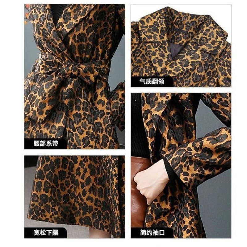 Women&#39;s Trench Coat Leopard Long Sleeve Coat Women 2021 Spring Autumn New Fashion Elegant Long Female Casual Windbreaker Lu2005 - Executive-Skincare