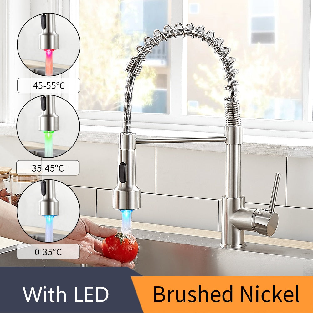 Kitchen Faucets Brush Brass Faucets for Kitchen Sink  Single Lever Pull Out Spring Spout Mixers Tap Hot Cold Water Crane 9009 - Executive-Skincare