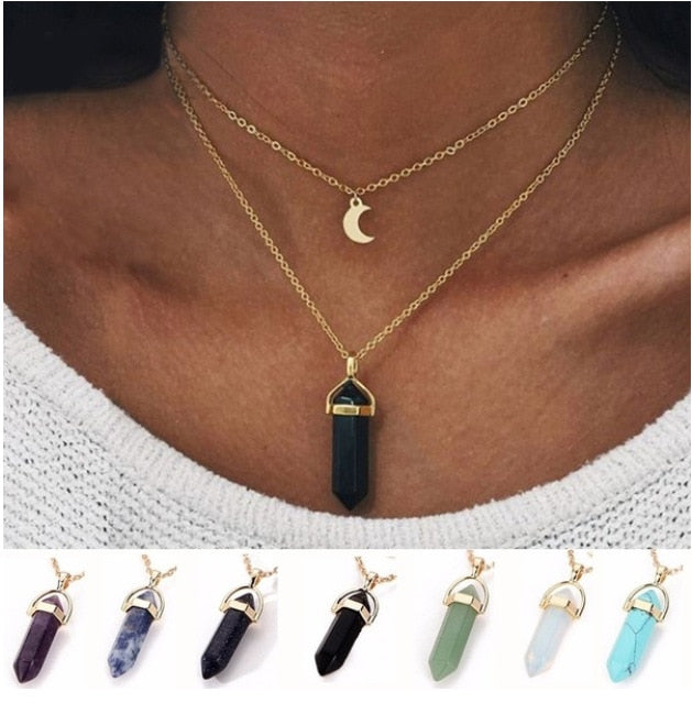 Chakra Necklace Hexagon Column Fashion Moon Crescent Bullet Pendulum Pendant Necklace - Executive-Skincare