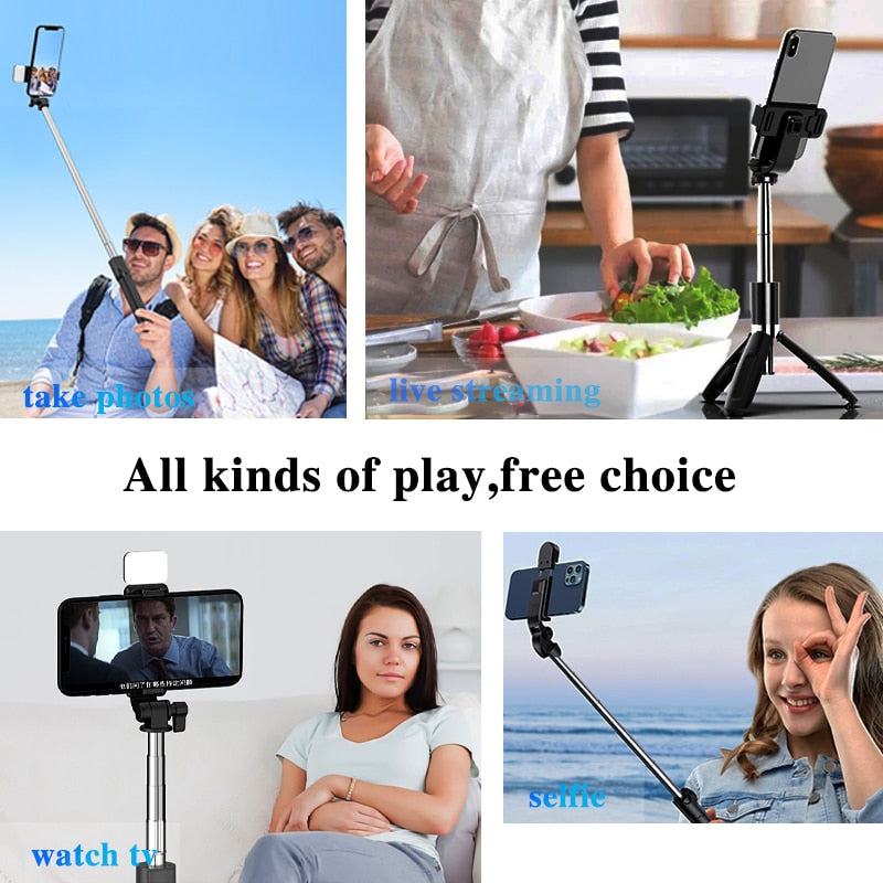 Selfie Stick Wireless Bluetooth Compatible Foldable Mini Tripod For Phone With Fill Light Shutter Remote Control For IOS Android - Executive-Skincare