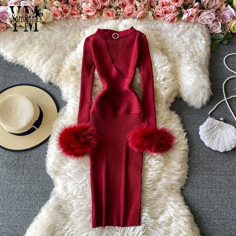 YornMona Autumn Winter Women Shining Knitted Sweater Dress Sexy Hollow Out V-neck Halter Bodycon Dress Red Christmas Party Dress - Executive-Skincare