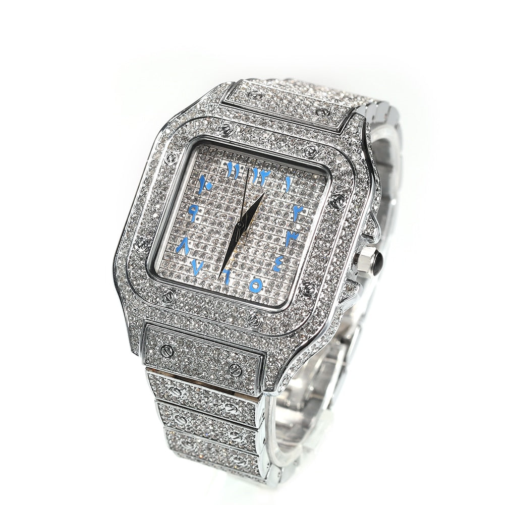 Hip Hop Full Iced Out Full Drill Men Square Watches Stainless Steel Fashion Luxury Rhinestones Quartz Square Business Watch - Executive-Skincare