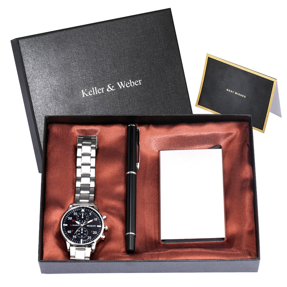 2021 Men&#39;s Gift Sets Top Luxury Quartz Watches High Quality Signature Pen Fashion Male Card Case Gifts for Husband Dad Boyfriend - Executive-Skincare