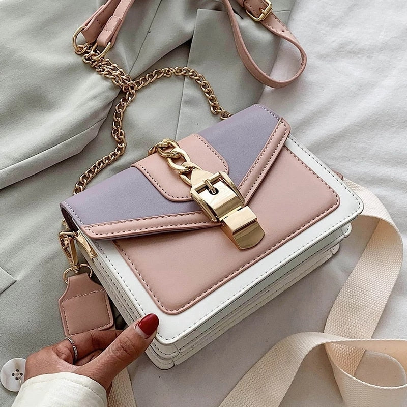 Fashion chain lady Sling bag Panelled color PU Leather Crossbody Bag For Women 2022 new Wide strap Shoulder Messenger Bag Ladies - Executive-Skincare