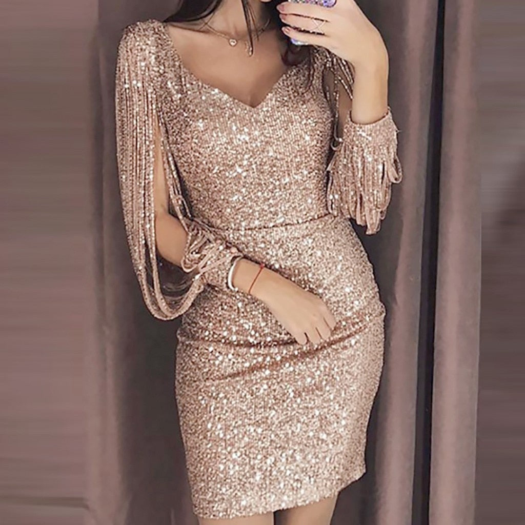 Sexy Women Dress Sequins Glitter Sparkle Deep V Neck Gold Tassel Long Sleeves Short Mini Evening Party Wrap Hip Dress Vestidos - Executive-Skincare