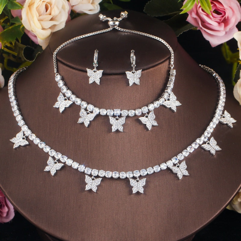 CWWZircons 3pcs Shiny White Cubic Zirconia Cute Butterfly Bohemian Earring Necklace Bracelete Bridal Costume Jewelry Sets T448 - Executive-Skincare