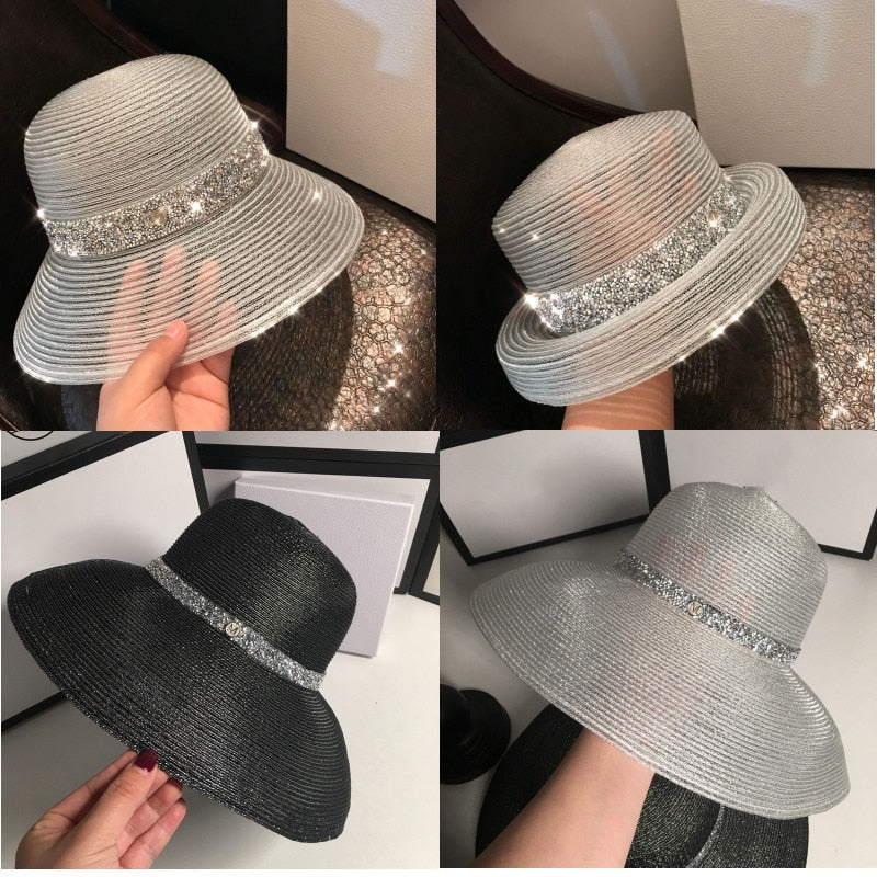 Panama sun hat silver silk ultra-thin breathable summer ladies bucket hat sun hat straw hat shallow fedora hat men and women - Executive Quality Store