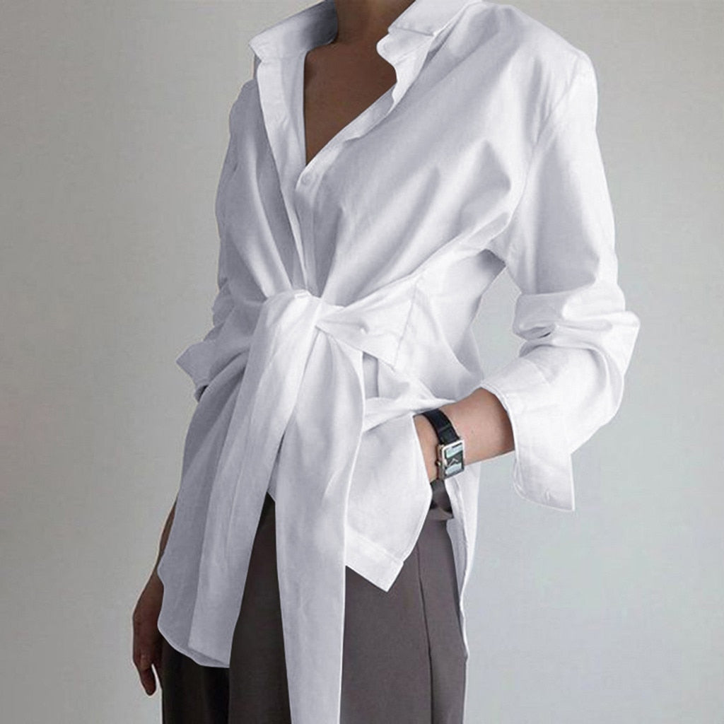 fashion women shirt blouse long sleeve ruched solid color blouse for office ladies white blue black autumn shirt - Executive-Skincare