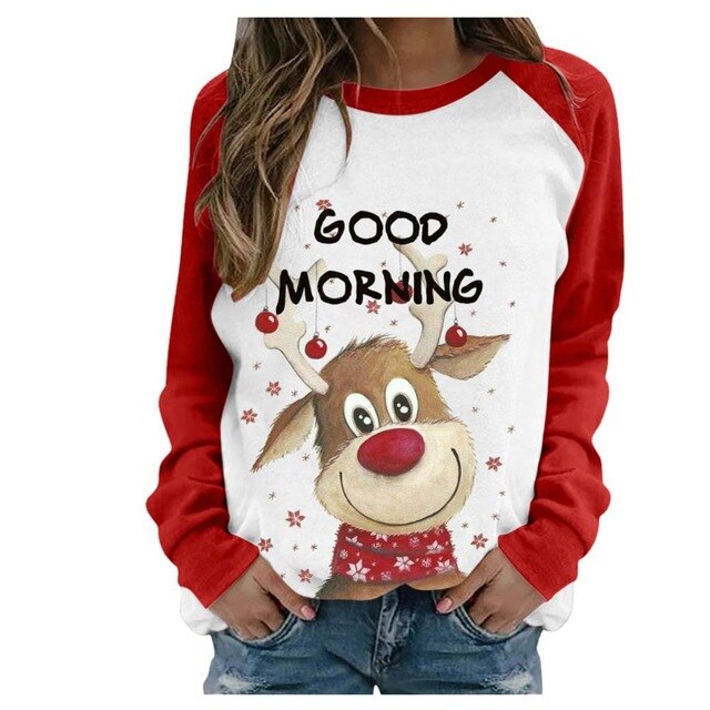 Funny Cute Elk Printing Long Sleeve Christmas Women T Shirt Harajuku S-2xl Cotton Woman Tshirts Graphic Aesthetic Shirt Female - Executive-Skincare