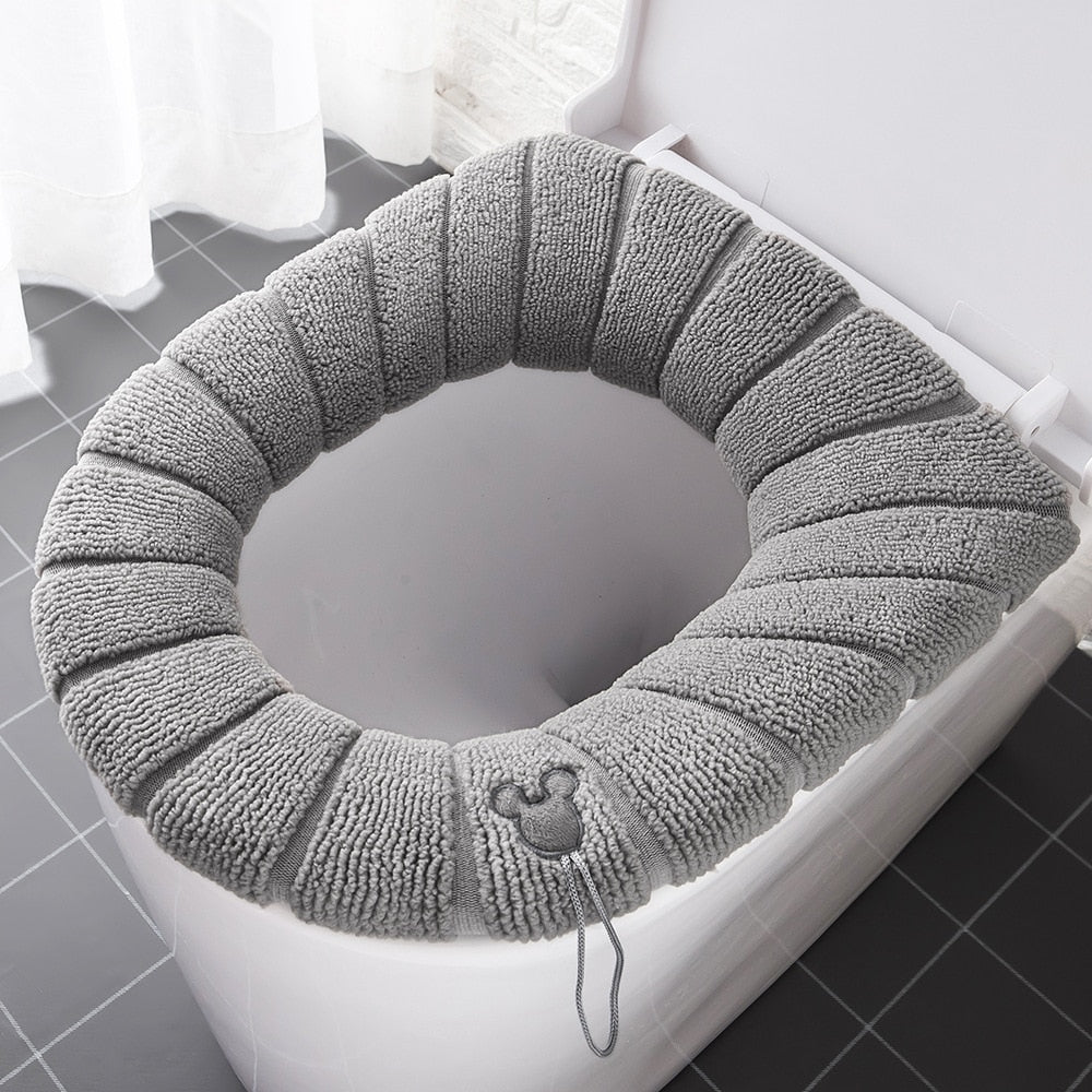 Winter Warm Toilet Seat Cover Closestool Mat 1Pcs Washable Bathroom Accessories Knitting Pure Color Soft O-shape Pad Bidet Cover - Executive-Skincare