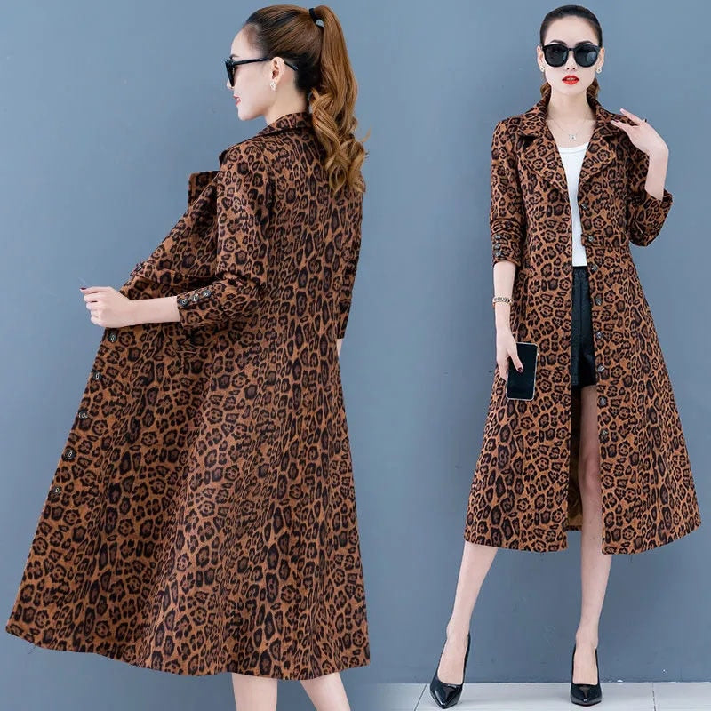 Mid-length Windbreaker Coat Women Spring Autumn Jacket New 2022 Fashion Leopard Lined Outerwear Female Casual Top Overcoat - Executive-Skincare