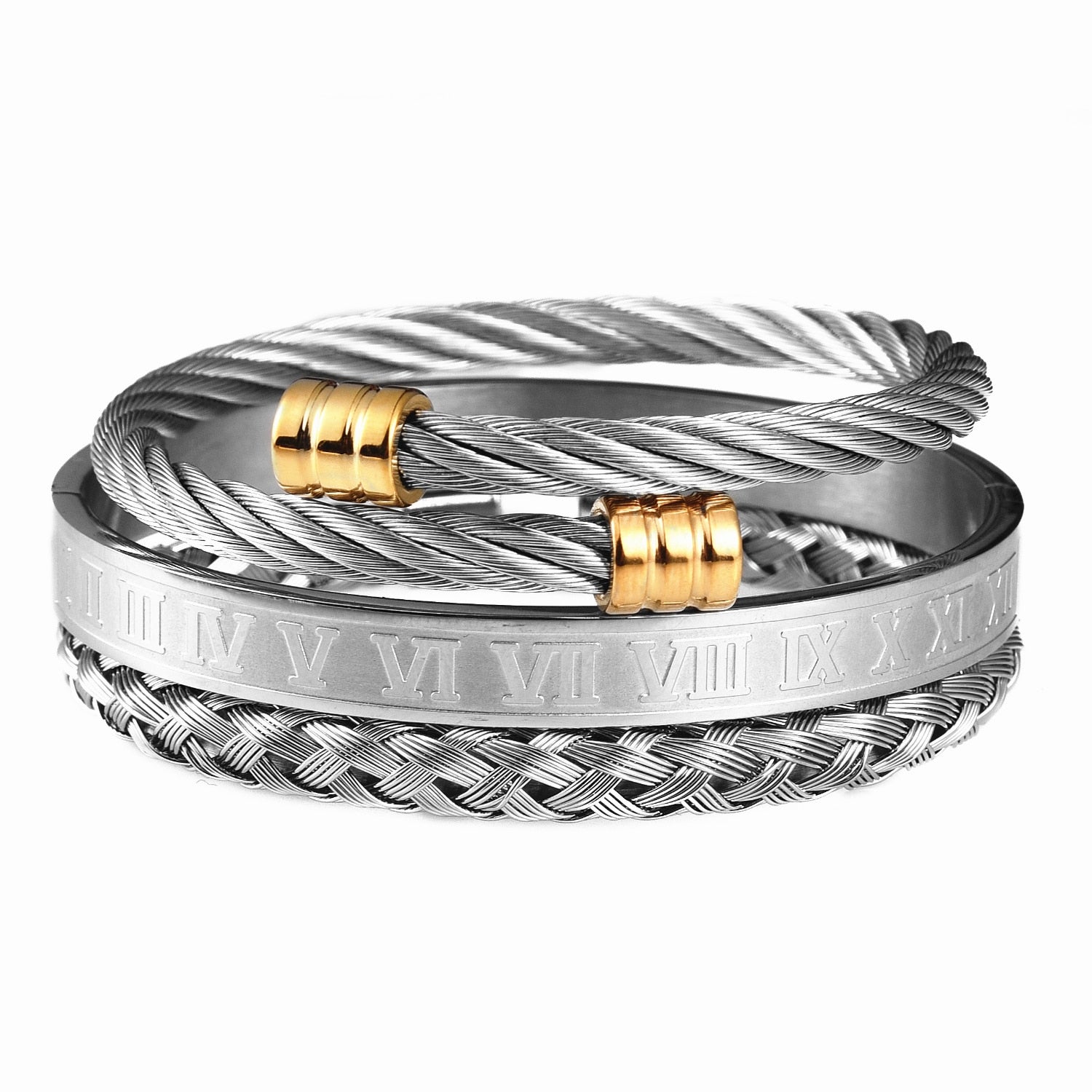 Luxury 3pcs/Set Stainless Steel Bracelet Hip Hop Men Jewelry Roman Number Charm Gold Color Jewelry For  Men Pulseira Bileklik - Executive-Skincare