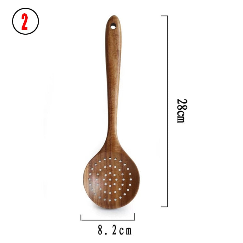 7pcs/set Teak Natural Wood Tableware Spoon Ladle Turner Rice Colander Soup Skimmer Cooking Spoon Scoop Kitchen Reusable Tool Kit - Executive-Skincare