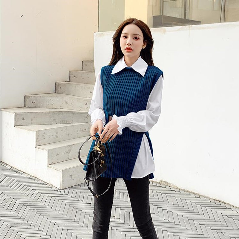 Long lantern sleeve shirt women knitted vest 2 two piece set 2022 spring autumn womens Shirts sets Sleeveless Sweater tops - Executive-Skincare